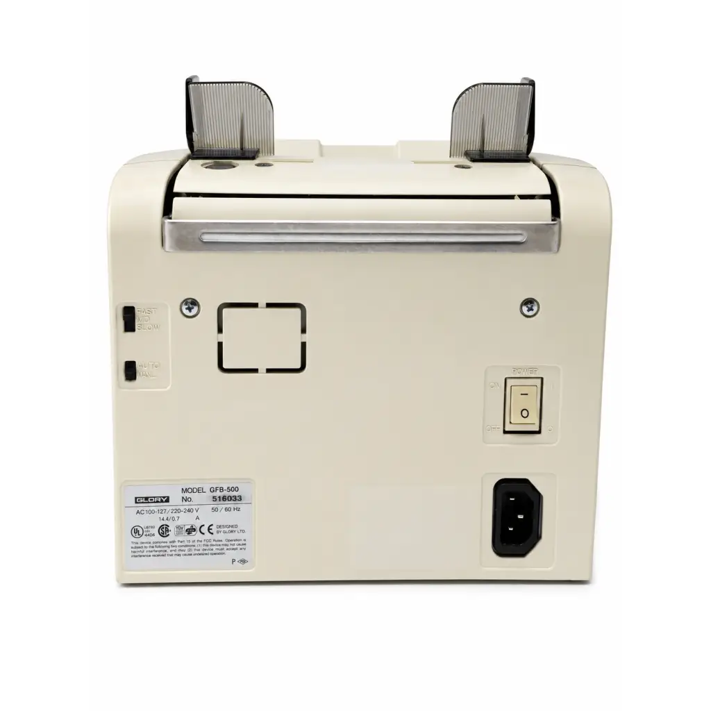 Cream-colored glory qfb-500 currency counting machine back with silver accents and power switch shown with dual battery charger