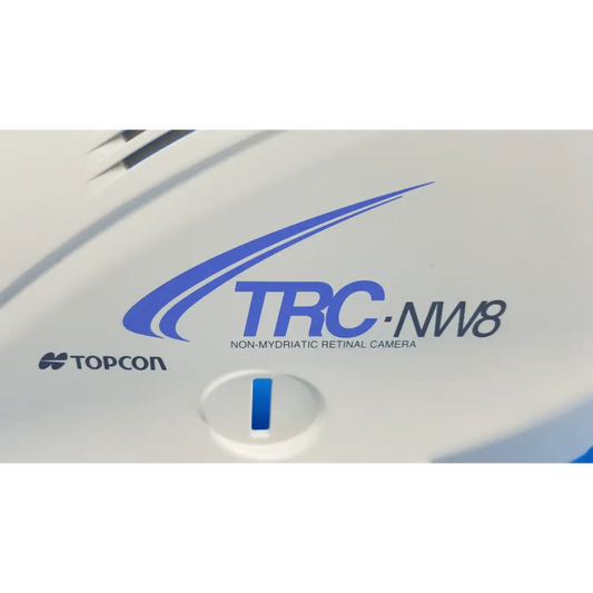 White topcon trc-nw8 non-mydriatic retinal camera with blue branding and main optical body left side shroud housing cover panel