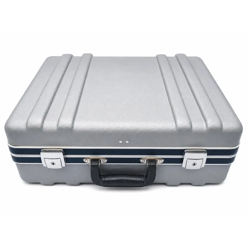 Silver textured hard-shell briefcase with black leather handle and navy blue stripes for fluke biomedical triad tnt field service kit