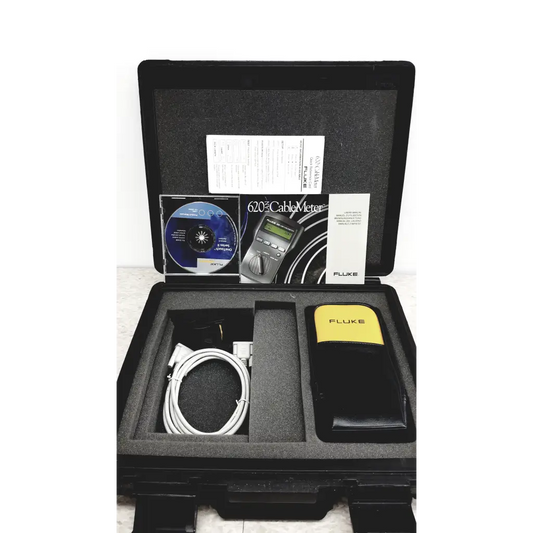 Fluke networks 620 lan cablemeter in black carrying case with yellow cover and coiled white cables for cable testing
