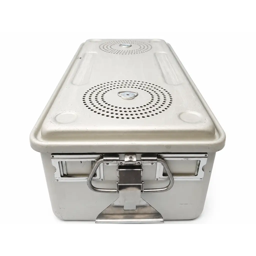 Silver metallic full-length sterilization container with removable perforated basket and sturdy latch mechanism
