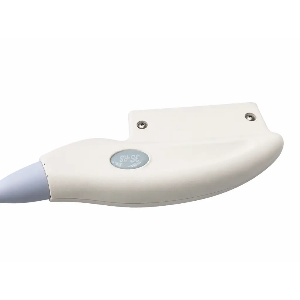 White and light gray handheld dental curing lamp with ergonomic design paired with biomed certified ultrasound transducer probe