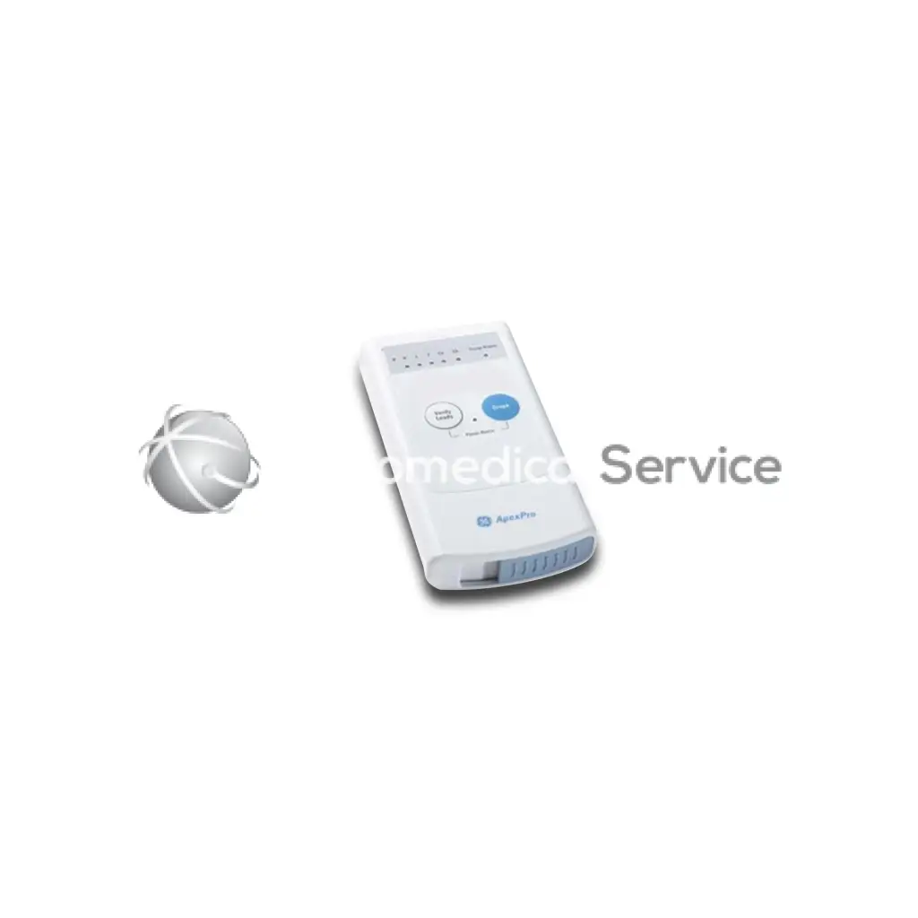 White plastic handheld ecg monitor with blue circular buttons and small screen from ge apex pro telemetry biomedical service