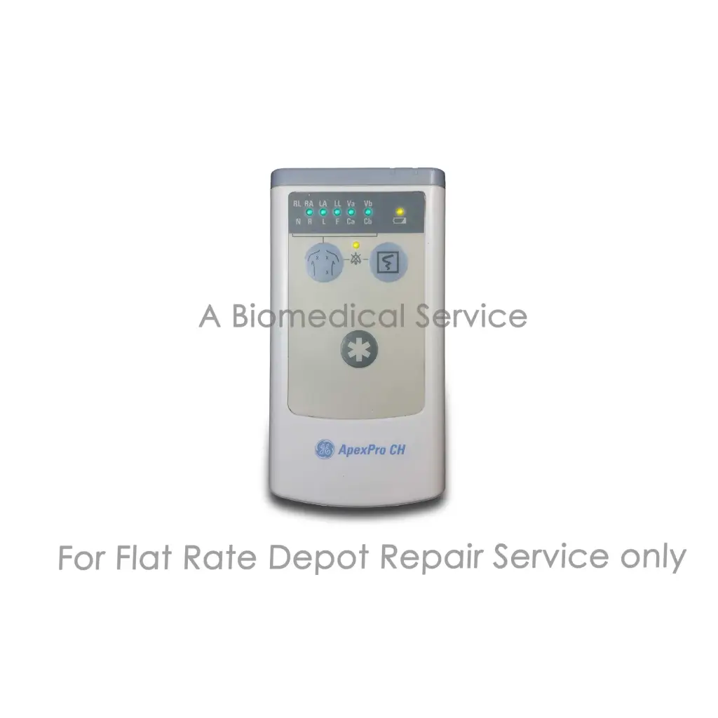 White and gray ge apexpro ch medical equipment with green indicator lights and labeled electrode buttons for repair service
