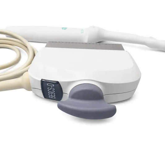 White and gray be9cs-d ultrasound transducer probe with curved handle labeled bec-ds for use