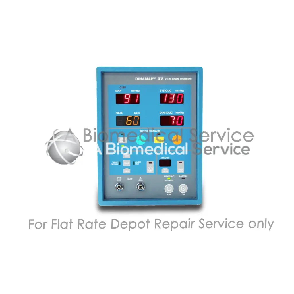 Blue GE Critikon Dinamap XL vital signs monitor with red digital blood pressure and pulse displays for repair service medical equipment