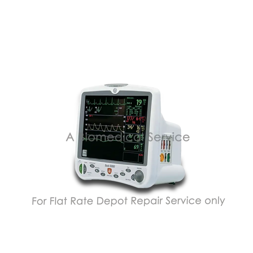 White GE Dash 5000 patient monitor with touchscreen and buttons for vital signs used in medical equipment repair service