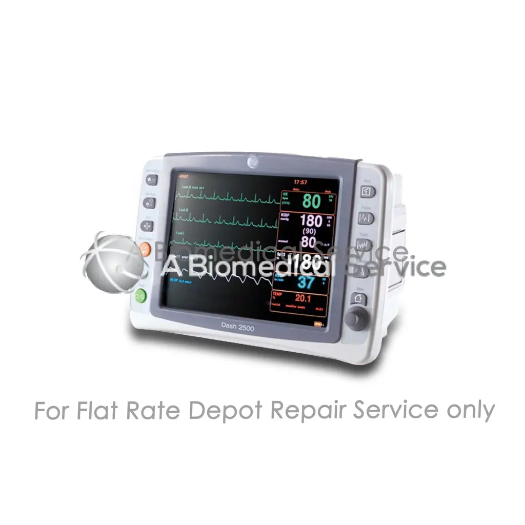 White and gray GE Dash Series medical equipment monitor displaying vital signs for repair service use