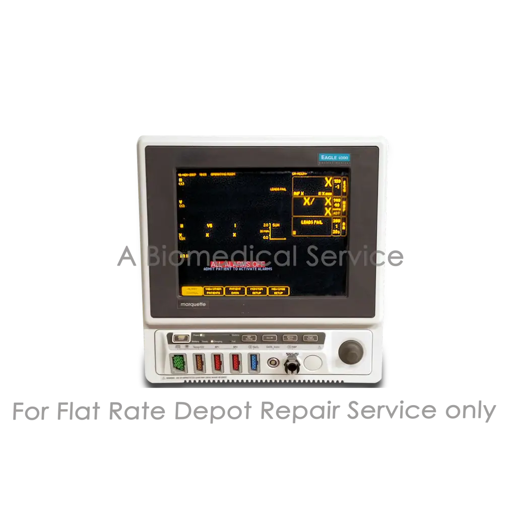 White rectangular ge eagle 4000 patient monitor with black screen and yellow text for medical equipment repair service