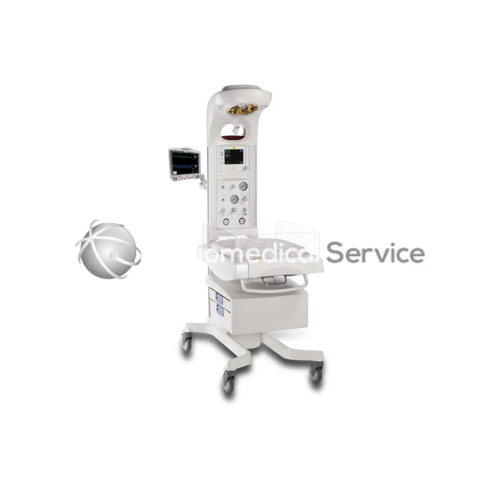 White GE Giraffe warmer medical incubator with digital display control panel and adjustable overhead lighting