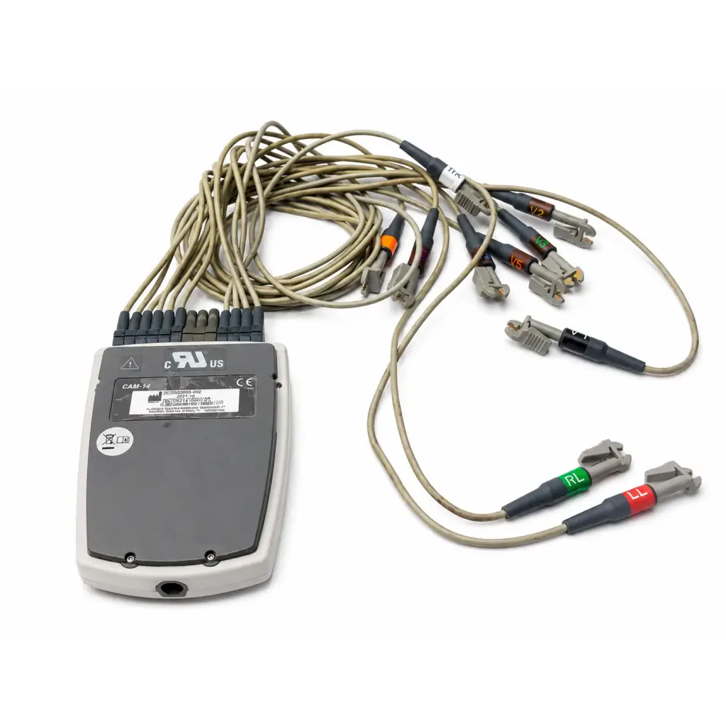 Gray and white GE Healthcare CAM 14 biomed certified ECG acquisition module with 10-lead grabber leadwires and color-coded cables