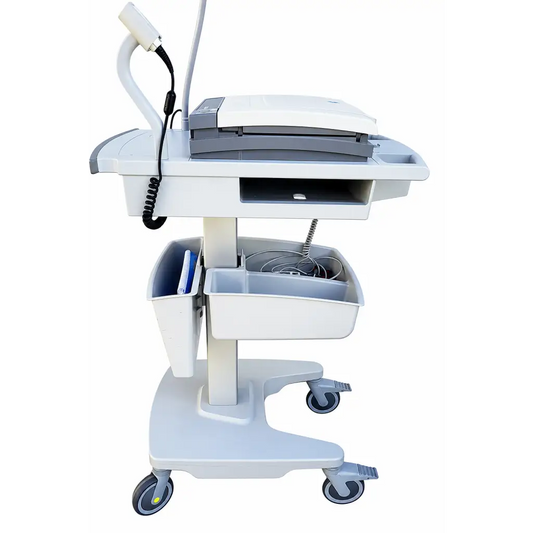 White GE MAC 5500 ECG analysis system with gray mobile cart, monitor, and multiple storage compartments
