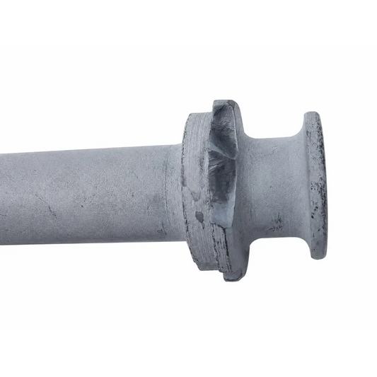 Gray metallic medical instrument attachment with flanged end showing wear texture product