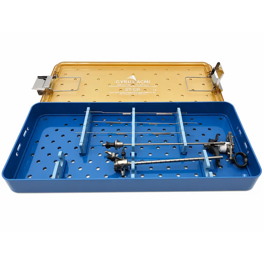 Blue and gold gyrus acmi sterilization tray with organized compartments holding metallic cystoscopy medical equipment