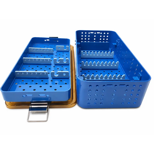 Blue gyrus acmi sterilization tray with perforated sides and compartments for organizing medical equipment