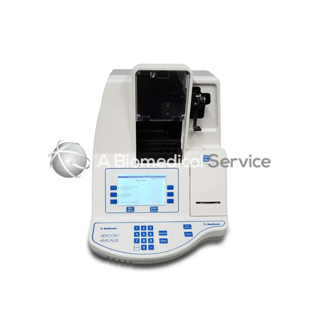 White medtronic hepcon hms plus medical analyzer with blue buttons and digital display for biomedical service use