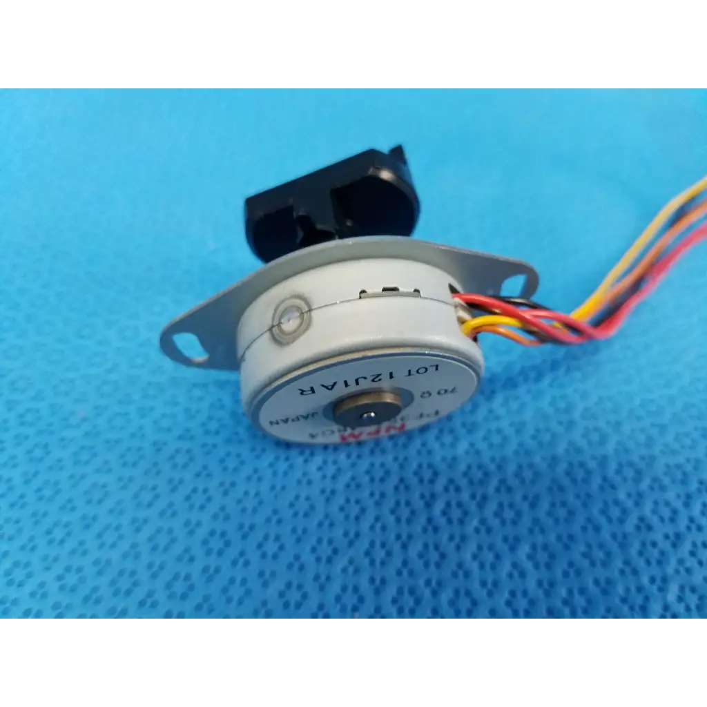 Gray cylindrical stepper motor with black plastic housing and multi-colored wiring for trc-nw8 retinal camera