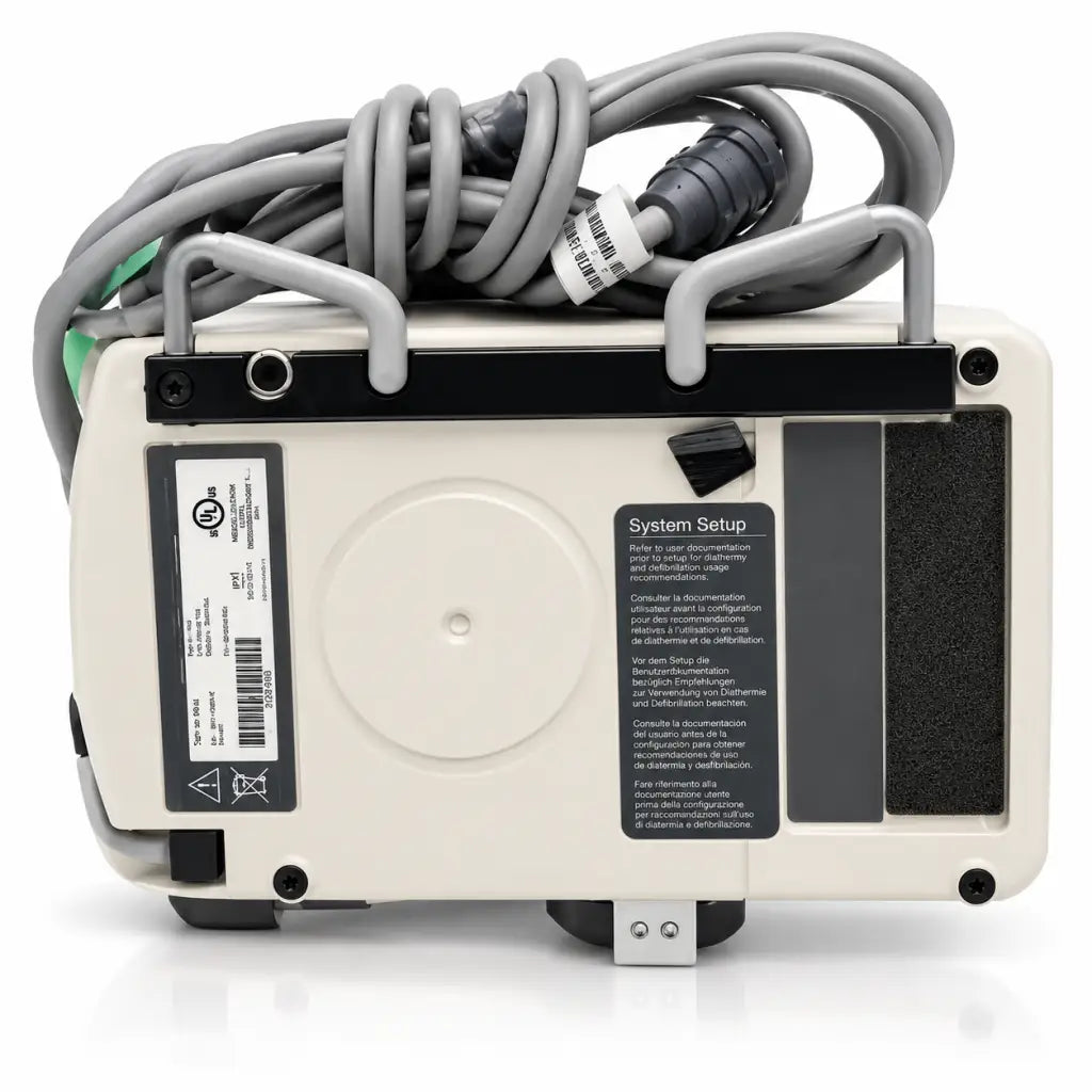 Beige joerns triline txcair plus hospital air mattress pump control unit with coiled gray cables and black system setup label