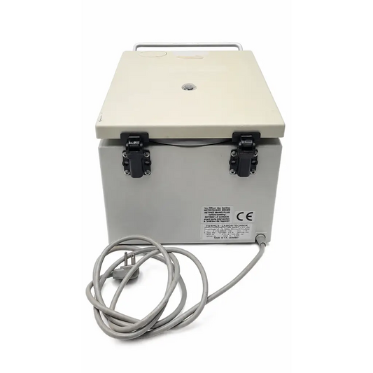 Beige industrial metal labnet hermle tabletop microcentrifuge with black latches and coiled power cord
