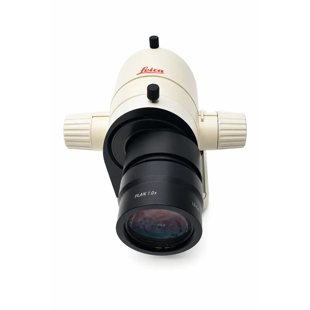 Leica microscope optical head with cream-colored body and black plan 1.0x lens, biomed certified for precision use