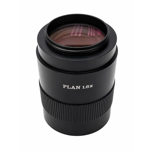Black Leica Microsystems plan 1.3M c-mount microscope camera lens with red-tinted glass and textured grip ring