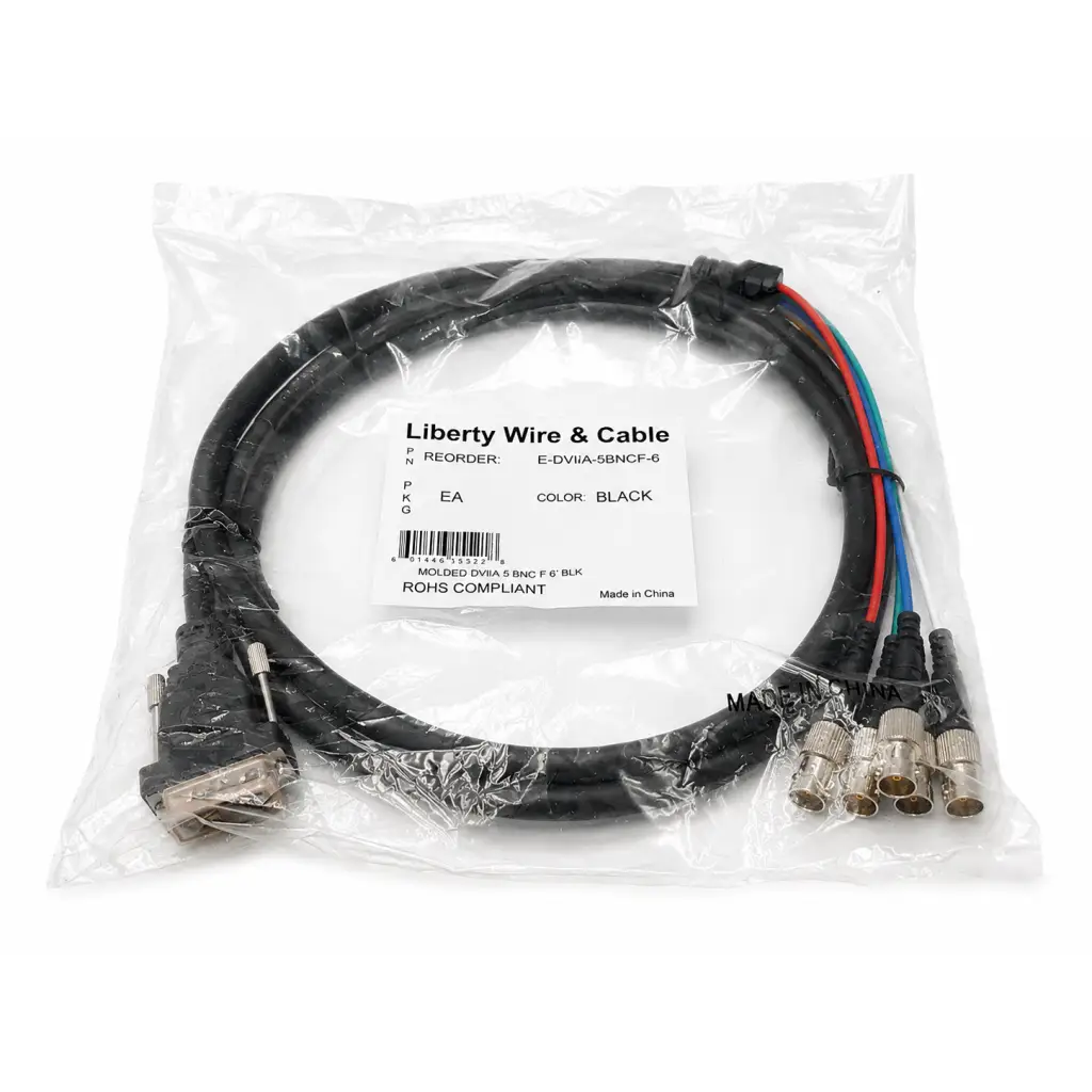 Black liberty wire e-dvi a-5bncf-6 biomed certified cable with molded dvi male and five bnc female connectors in clear plastic