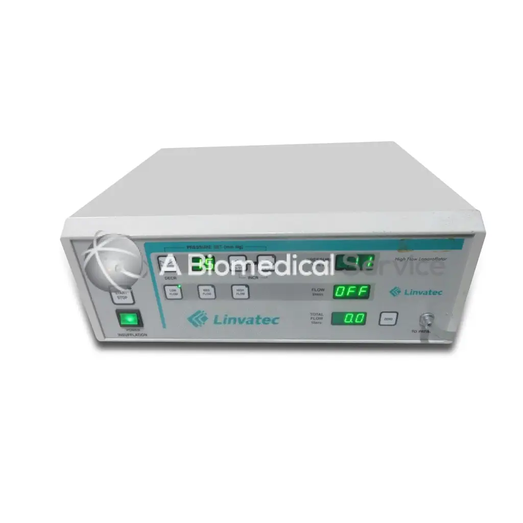 White rectangular linvatec laparoflator 25l with teal accents and green digital display for biomedical service use
