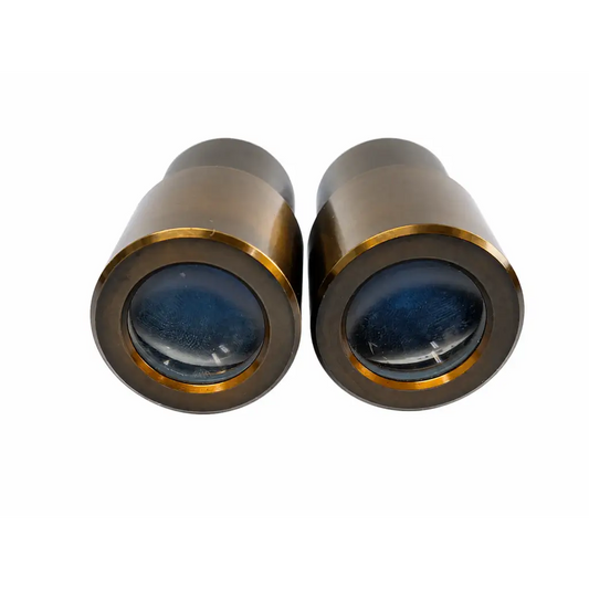 A pair of brass-finished swh10x microscope eyepieces with gold-rimmed lenses for medical equipment use