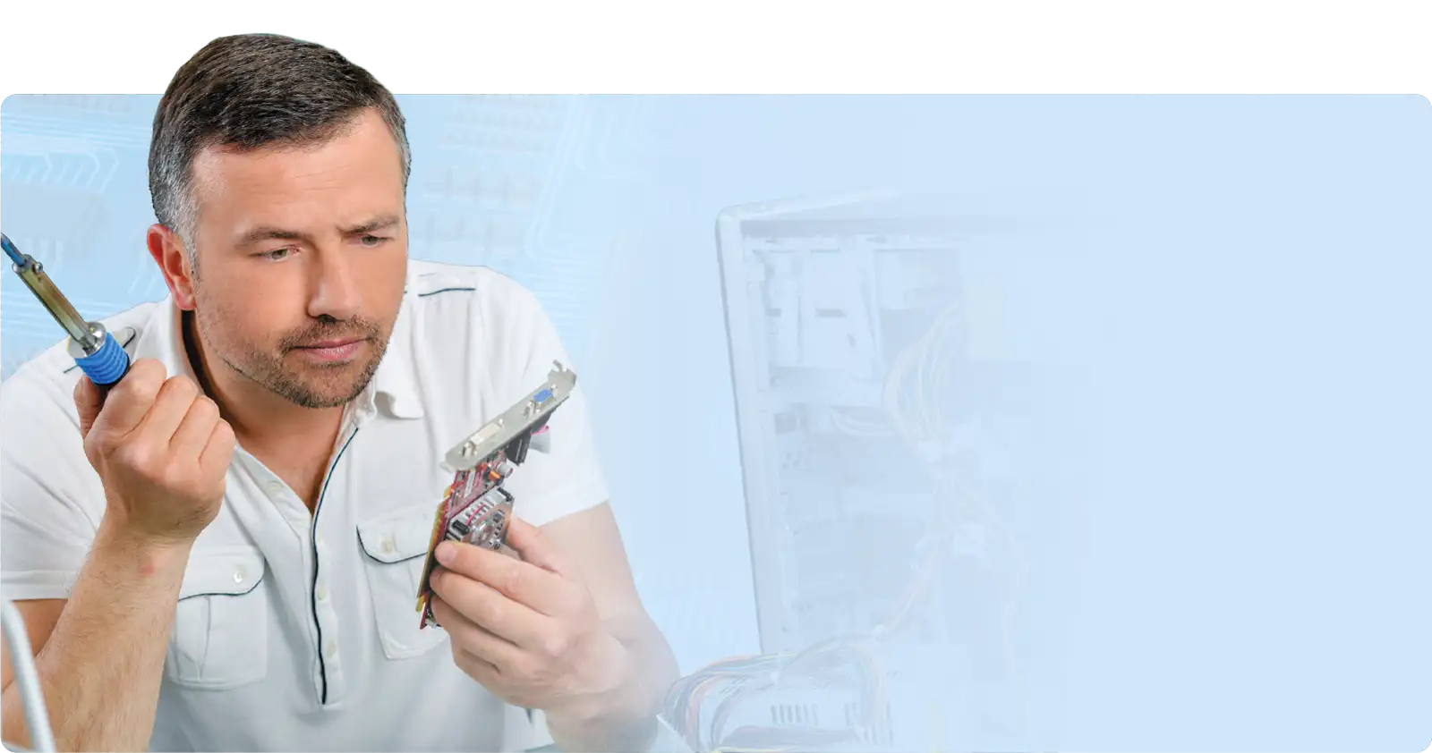 A man in a white polo shirt holds a soldering iron and an electronic circuit board, preparing to repair or assemble it.