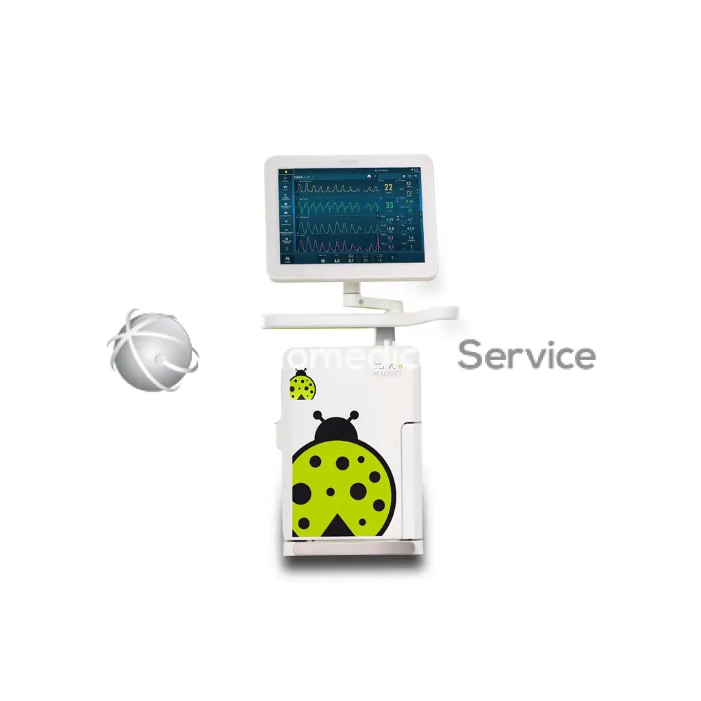 White medical monitor cart maquet servo-n with green ladybug design and attached screen for biomedical service monitoring
