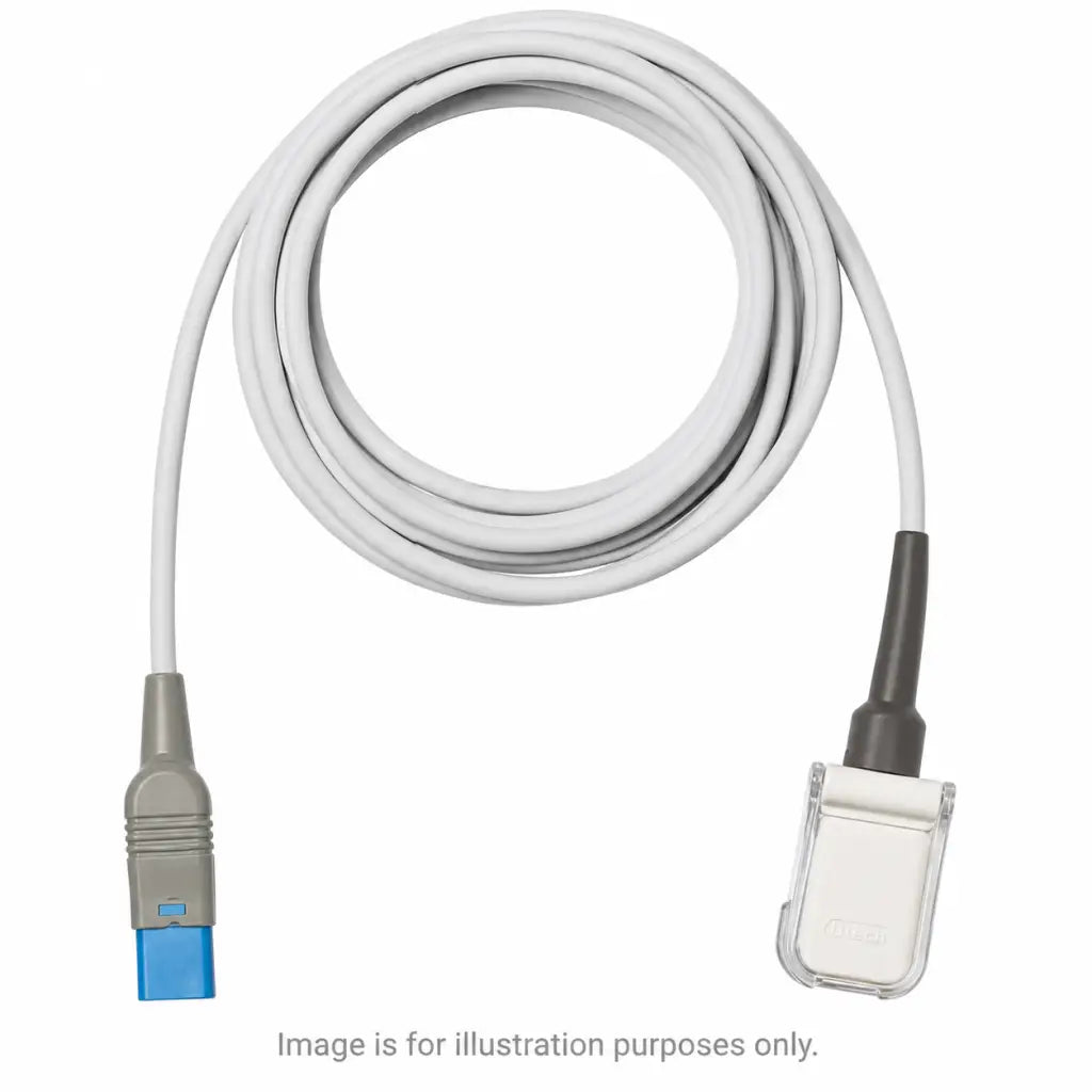 White masimo lncs spo2 patient cable with gray and blue connectors and clear plastic clip for spo2 patient cable use