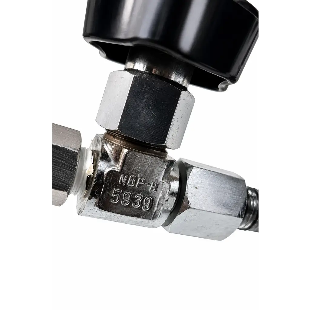 Silver metallic matheson medical gas pressure regulator assembly with black hexagonal knob and engraved model number