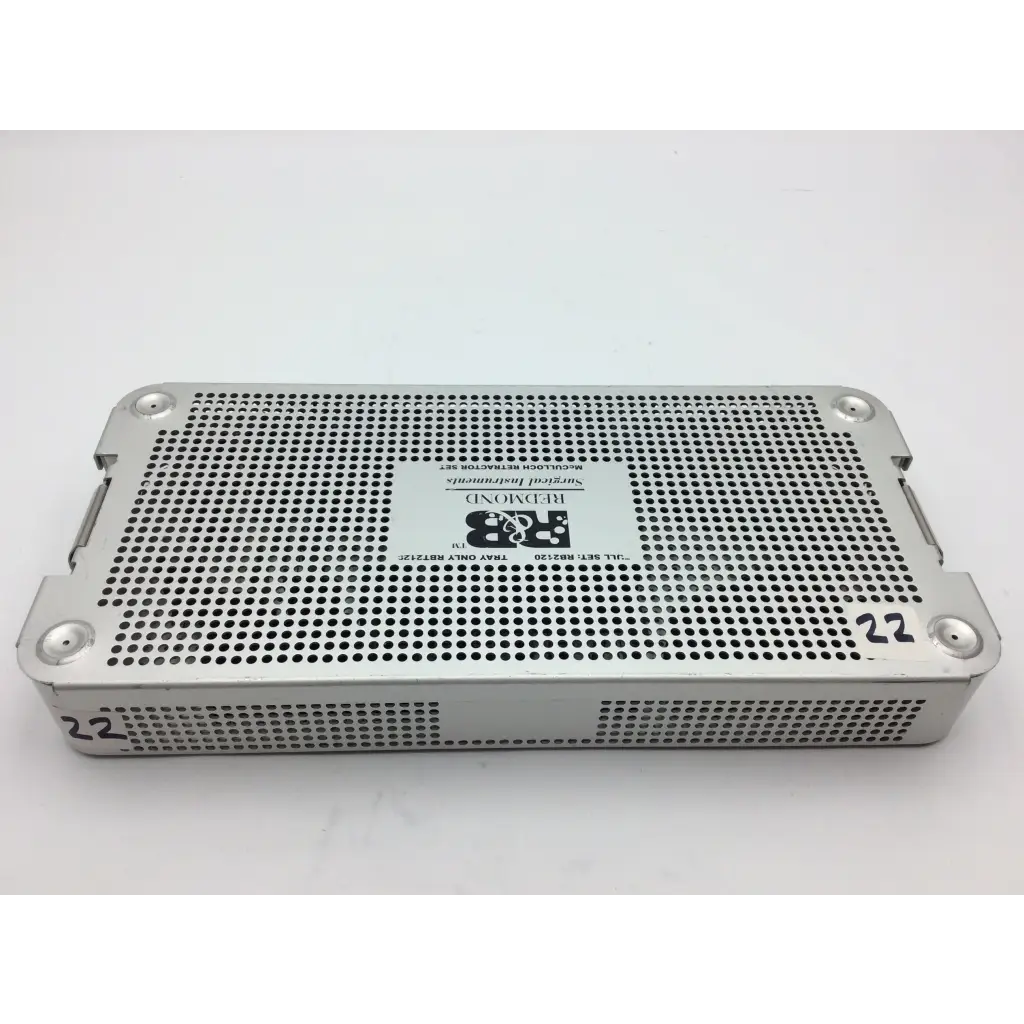 Silver perforated metal mcculloch retractor instrument tray with labeled brand logo and numbered markings