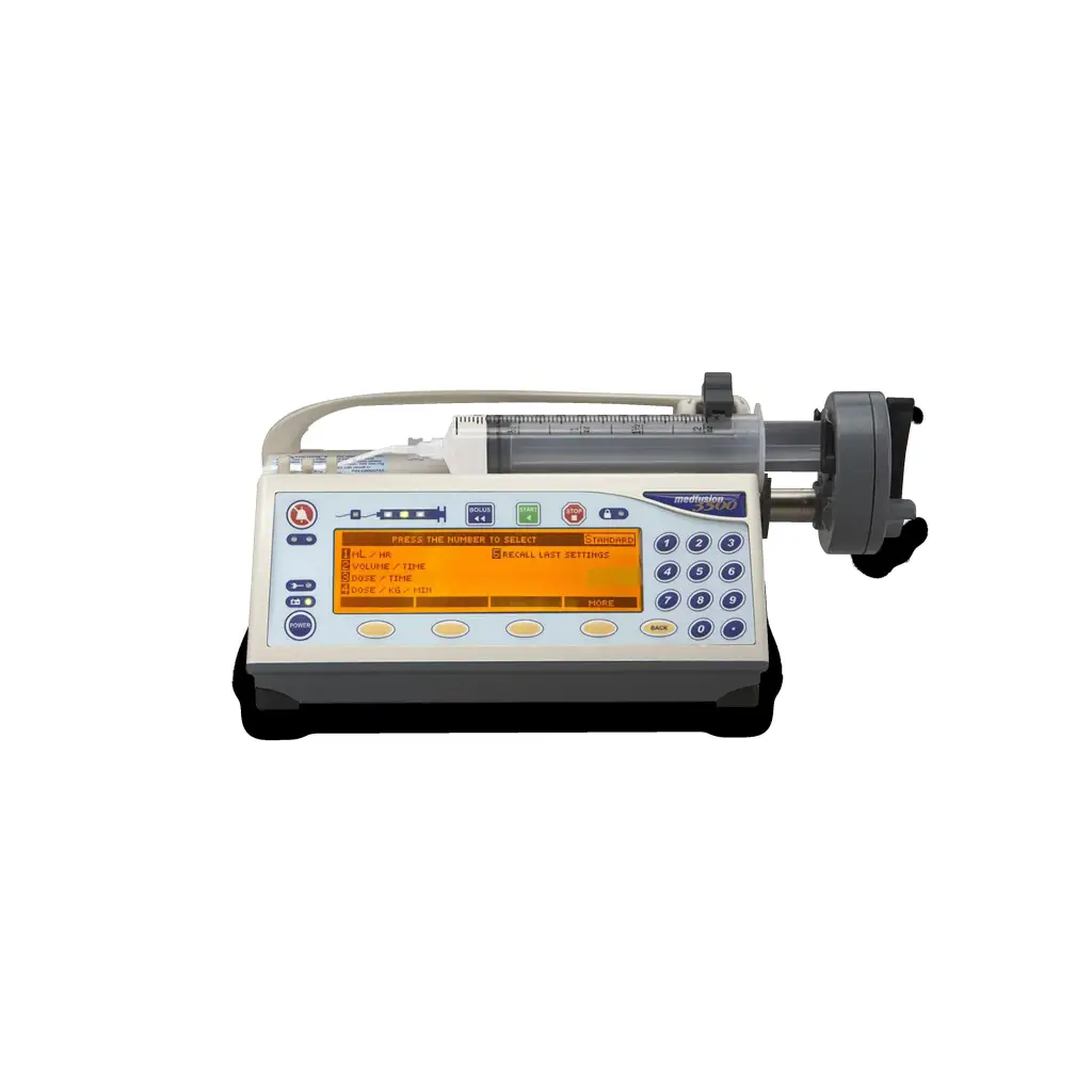 Medfusion 3500 infusion pump with beige and gray body, orange display, and control buttons for syringe pump use