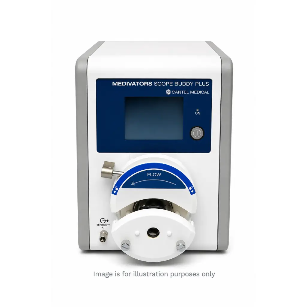 Medivators scope buddy plus endoscope flushing aid with white and gray body, blue control panel, digital screen, and flow adjustment dial