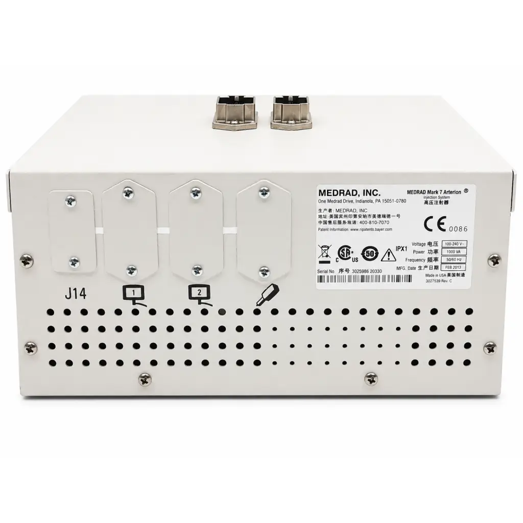 White medrad mark 7 interventional injection system module with metallic connectors and perforated ventilation panel biomed certified