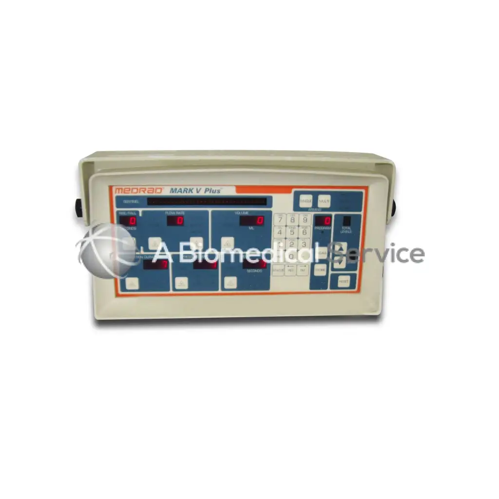 Beige medrad mark v plus biomedical device with blue and orange control panel featuring digital displays and buttons
