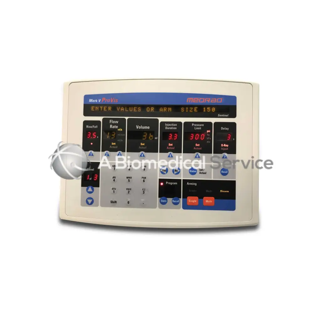Beige medrad mark v provis medical control panel with blue and black display and red digital readouts for biomedical service