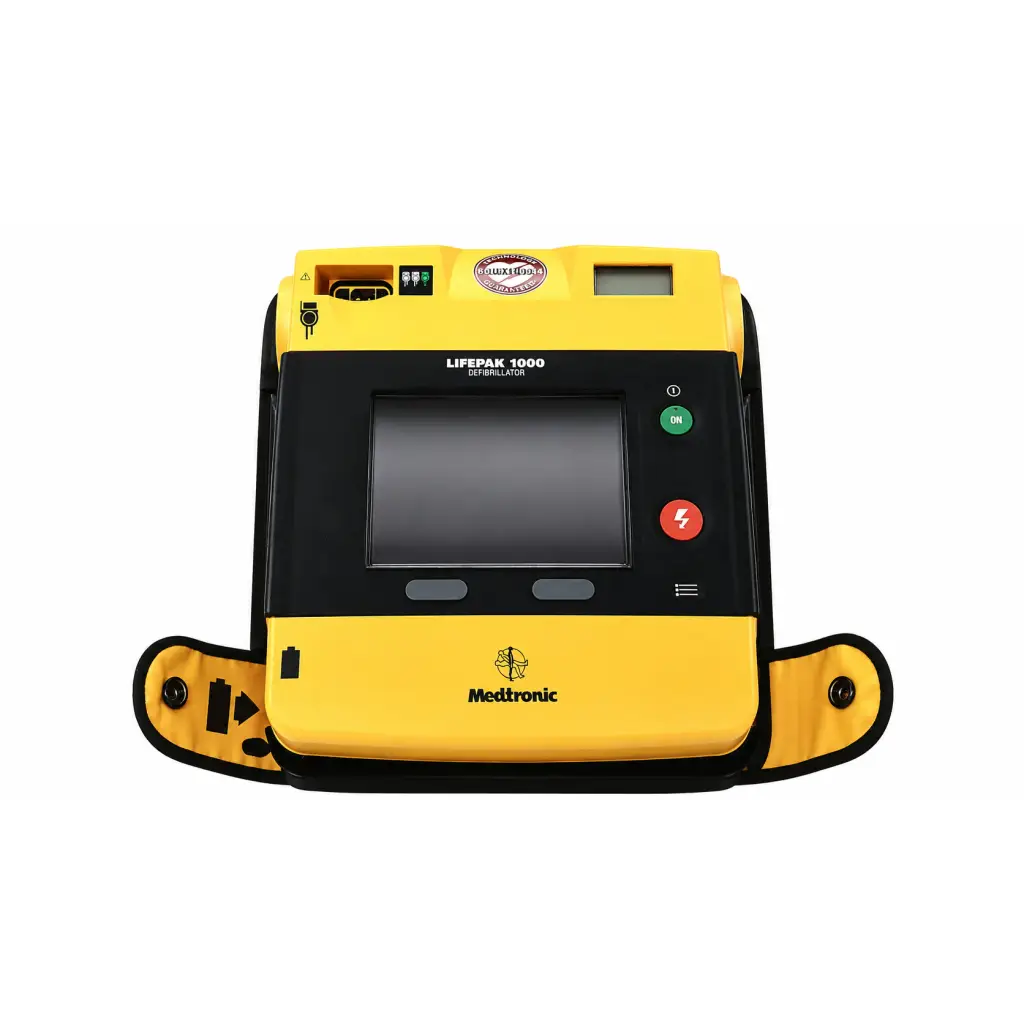 Medtronic lifepak 1000 yellow and black aed defibrillator complete kit with touchscreen, green power, and red shock buttons