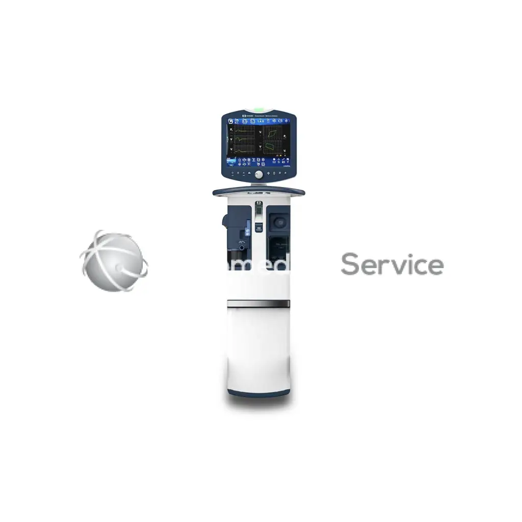 White and navy blue medtronic puritan bennett 980 ventilator with touchscreen display showing diagnostic waveforms