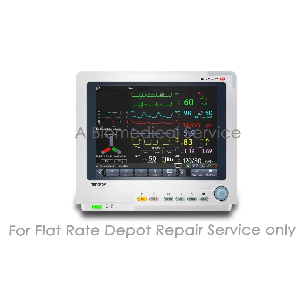 White mindray beneview t5 patient monitor with touchscreen displaying colorful waveforms for medical equipment repair service