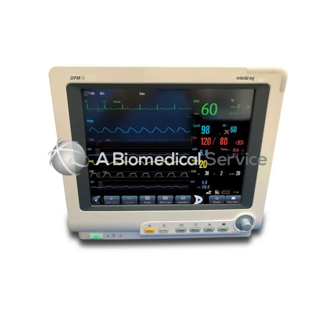 Beige mindray dpm6 patient monitor with touchscreen showing green red and blue vital sign waveforms