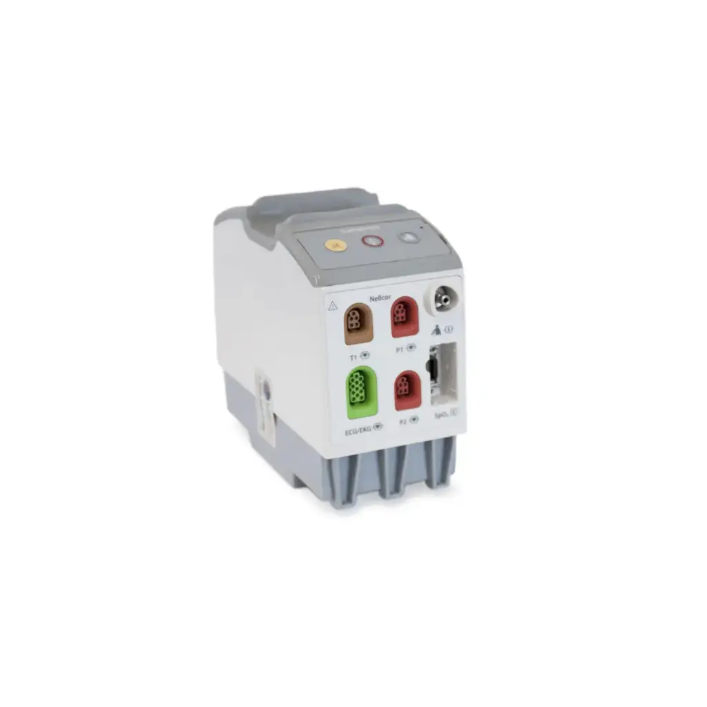Gray and white mindray nellcor multi parameter module with multiple colored ports including red green and brown connectors