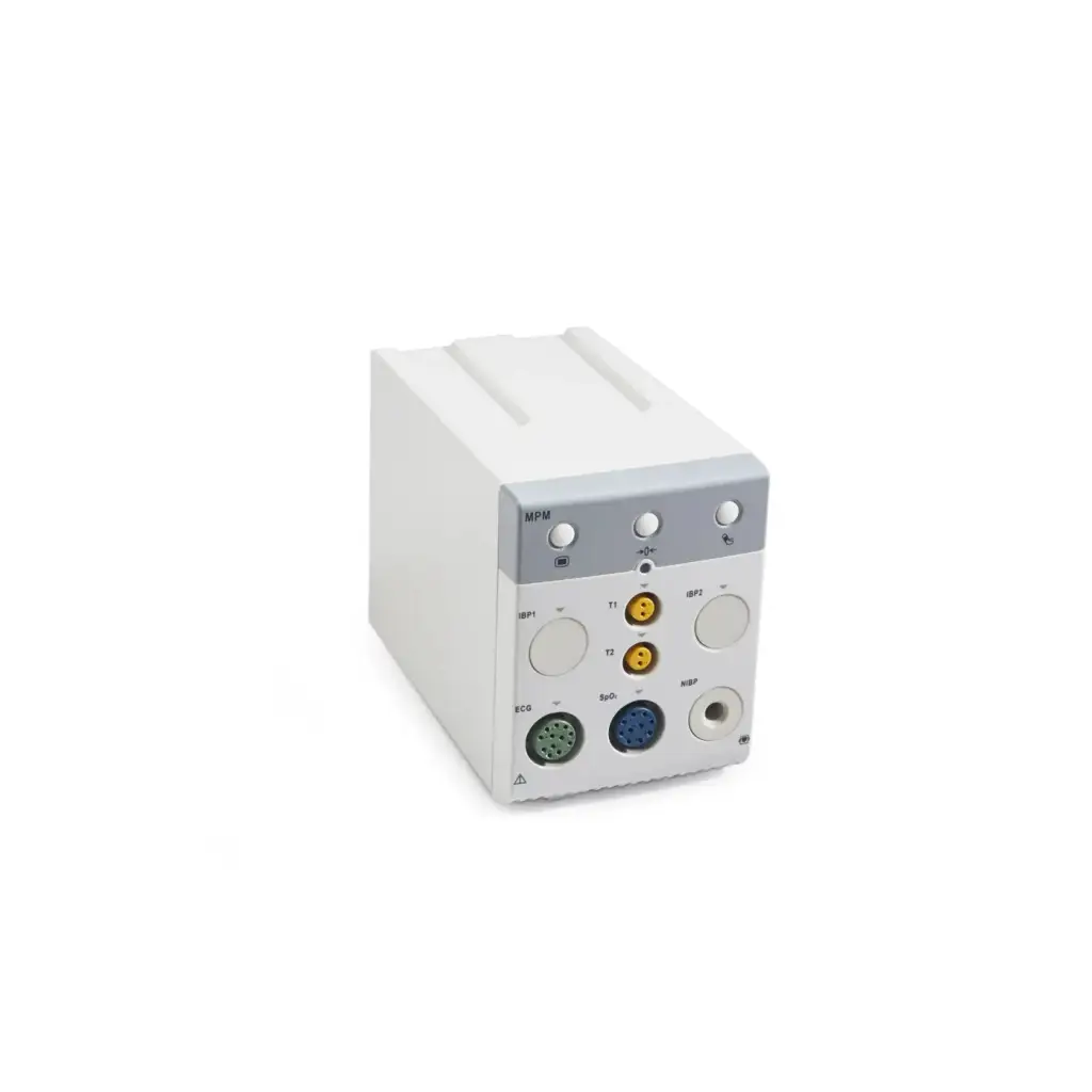 White and gray mindray old mpm-7 medical module with multiple ports buttons and indicator lights on the back side