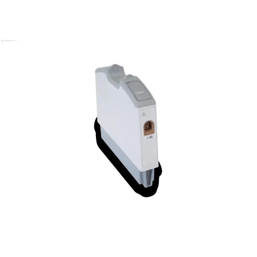 White and gray plastic ink cartridge with rounded top and circular side port for mindray temperature module