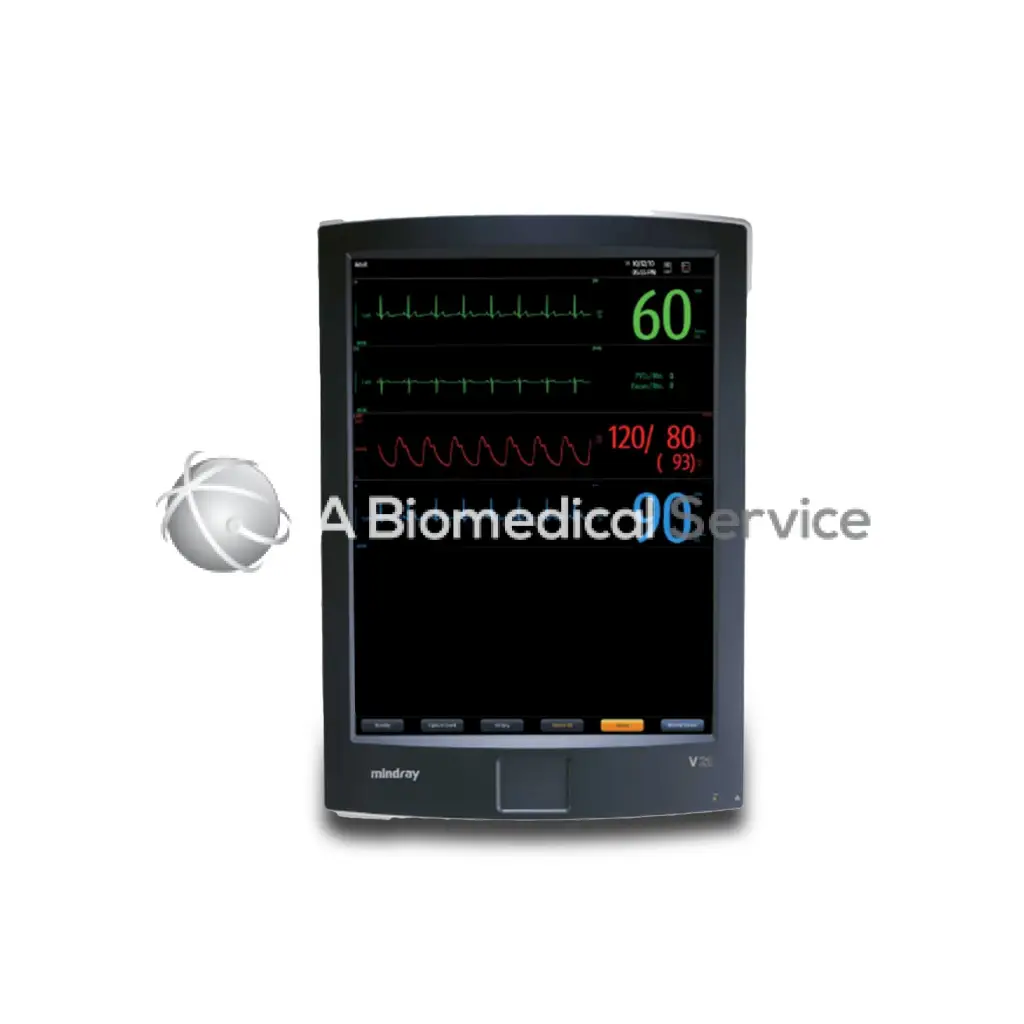 Black mindray v8 patient monitor displaying green and red vital signs on screen in a mindray v21 product