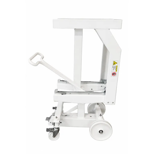 White mobile nuclear medicine gamma camera collimator cart with wheels and handle for biomed certified equipment transport