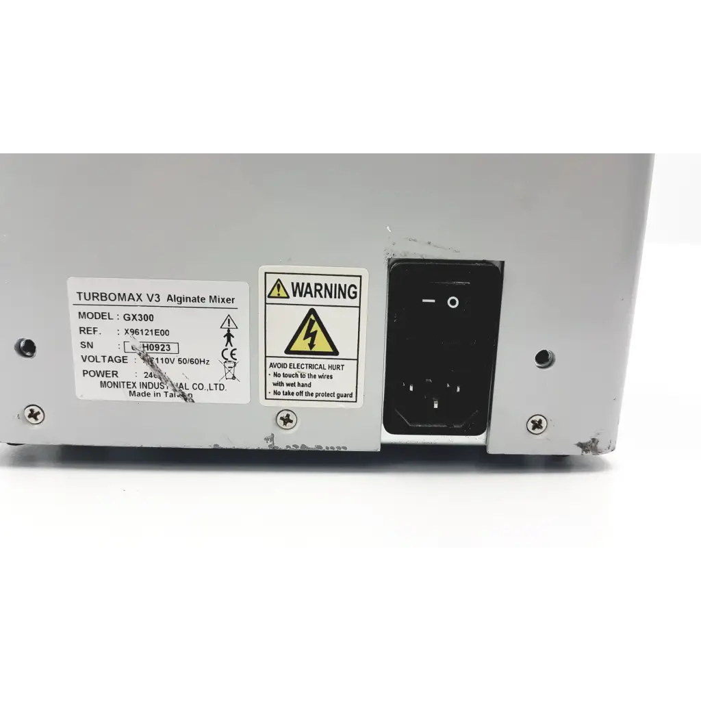 Silver industrial-grade monitex industrial turbomax v3 aligate mixer gx300 with black power switch and warning label