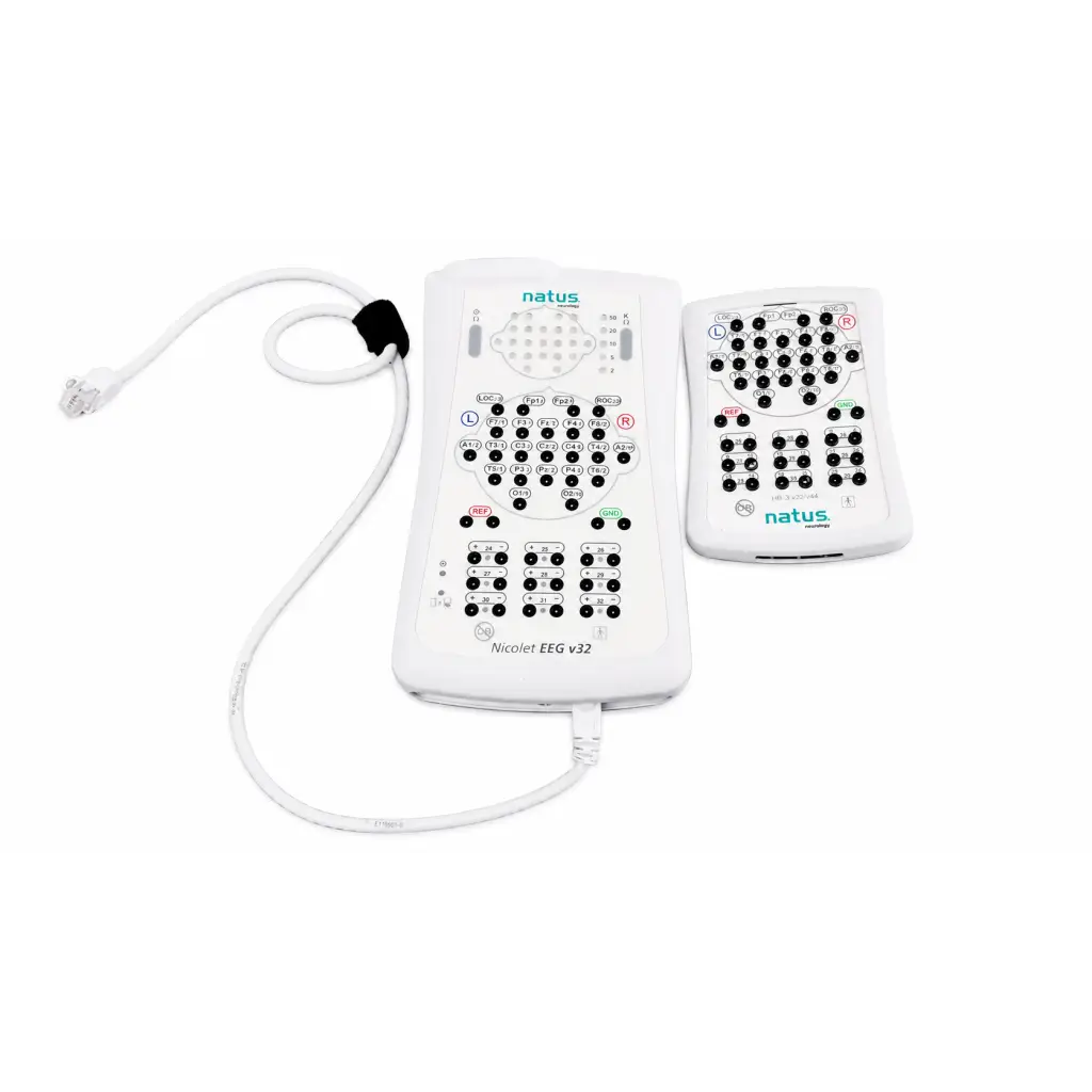White natus nicolet eeg v32 headband with black circular buttons and coiled cable for eeg v32 amplifier repair service