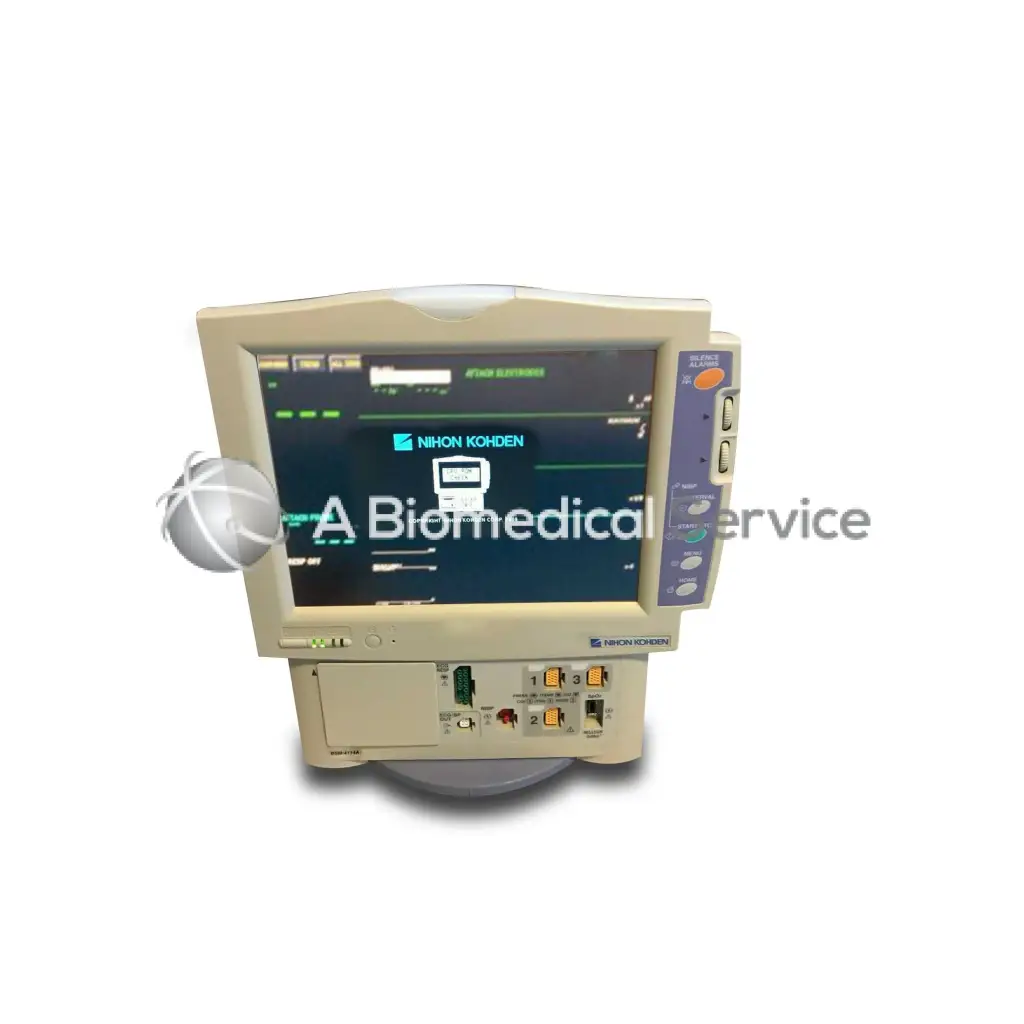 Beige nihon kohden bsm-4114a patient monitor with dark diagnostic screen and purple control panel on right side